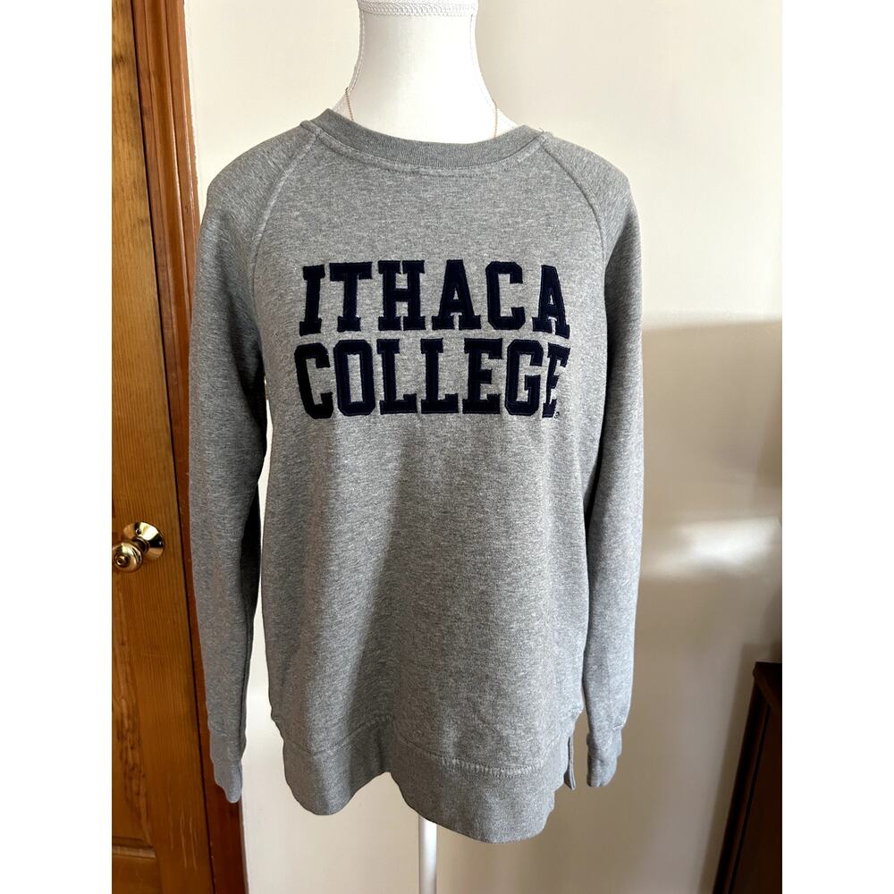 New Women's S Gray Pullover Crew Neck Ithaca College Sweatshirt Blue Embroidered